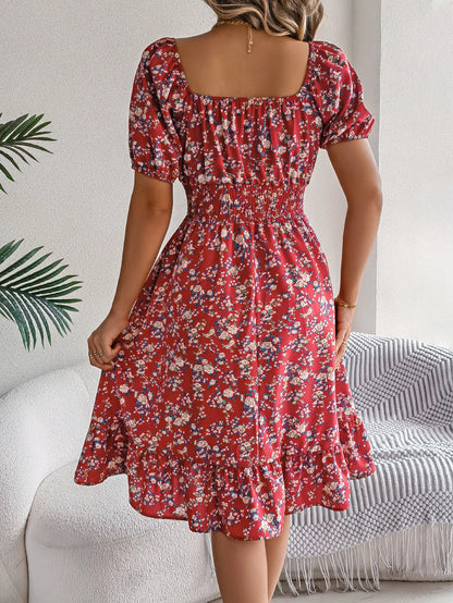 Casual Square Neck Shirred Waist Floral Print Short Sleeve Ruffle Hem Dress For Summer, Women's Clothing