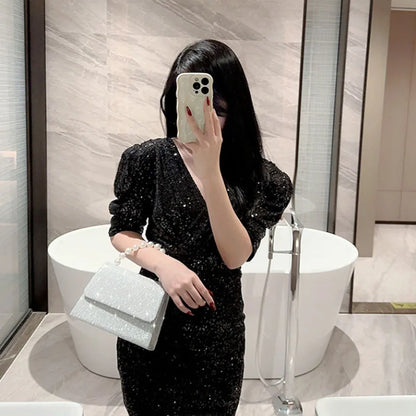 Pearl Chain Shoulder Bags Luxury Purse Gold Bright Silk Evening Bag Women Elegant Fashion Banquet Clutch Female Handbag bolsa
