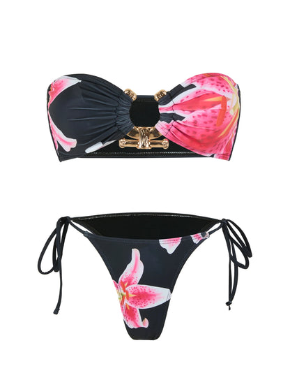 Solid O Ring  New Swimsuit For Women Tie Side Shiny Metal Hardware Ring Bandeau Bikini Swimwear Padded Bra Top Low Waisted