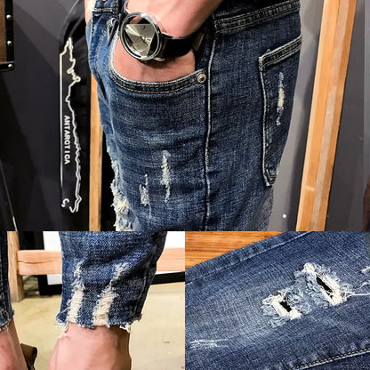 Wholesale 2022 Teenagers Denim Pants Beggar Men\'s Slim-fit Small Feet Frayed Jeans Male Stretch Social Spirit Guy Pencil Pants