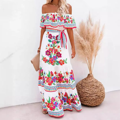 2024 Spring Summer New Independent Stand Amazon Off-shoulder Red Flower Printing Long Dress Oversized Wide Hemline Sleeveless