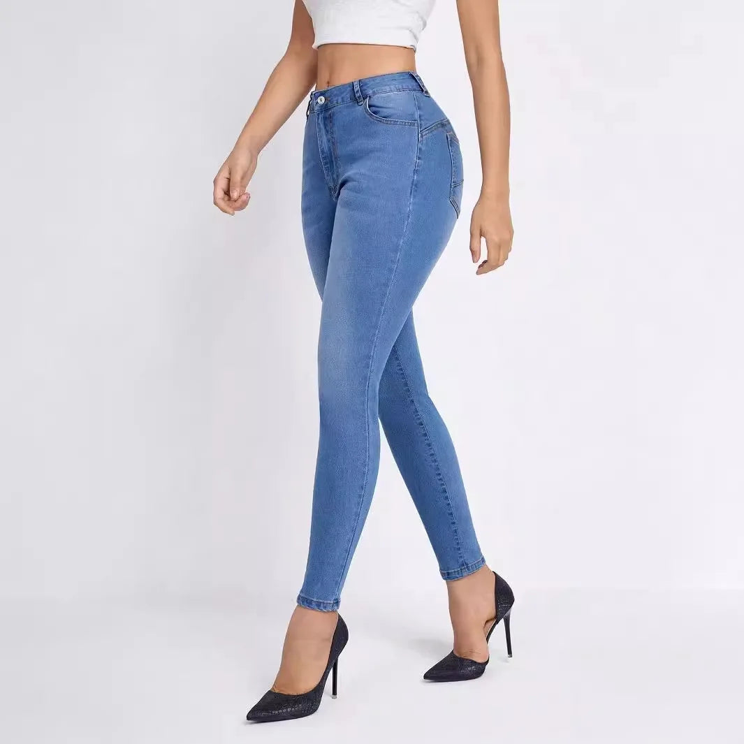Women Clothing Skinny Solid Ankle Length Jean Washed Zipper Fly Denim Pants High Waist Jeans Spliced Casual Slim Pockets