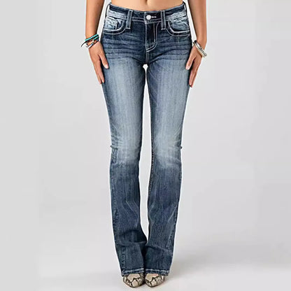 Women Embroidery Pockets Distressed Jeans Mid Waist Stretch Slim Fit Pants Vintage Denim Trousers Autumn Female Streetwear