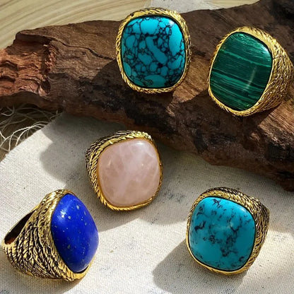 Vintage Geometric Metal Square Natural Stone Ring For Women Exaggerated Trendy Finger Jewelry Party Accessories
