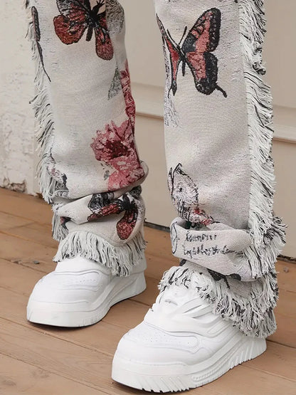 2025 Spring Summer Streetwear Jeans Mens Vintage Butterfly Print Straight Jean Pants Men Stylish Tassel Designer Denim Trousers