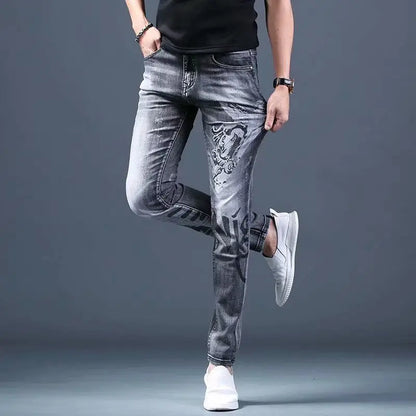 Trendy Luxury Clothing Men Korean Casual Denim Jeans Printed Patterns Slim Designer Spring Autumn Streetwear Cotton Trousers