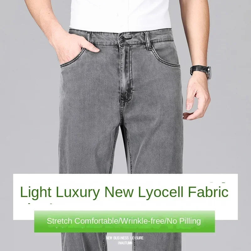 2024 New In Lyocell Summer Thin Jeans Men's  Loose Straight Casual Stretch Business Large Size Male Pants Solid Color