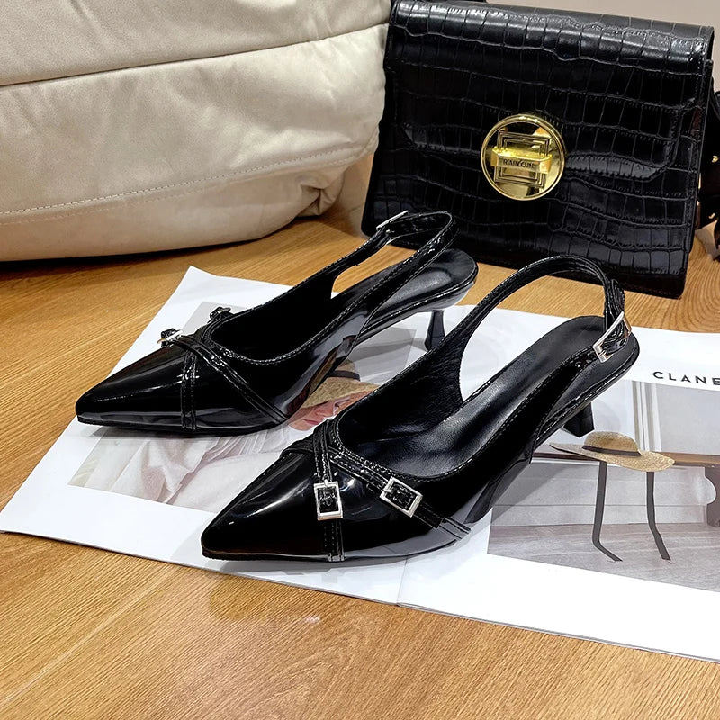 New Summer French Wine Red Pointed Patent Leather Mid-heel Overhead Sandals for Women Retro Skinny Heel Back Empty Shoes