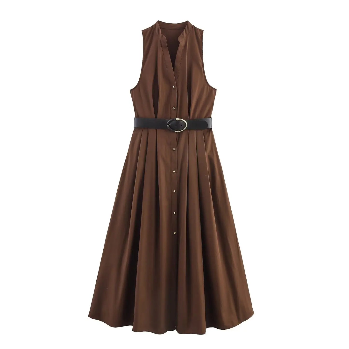 TFMLN New Summer Women's Midi Dress With Belt 2025 V Neck Sleeveless A-line Casual Single Breasted Dress Female Elegant Solid