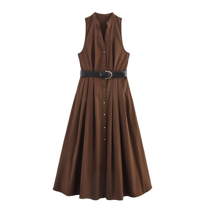 TFMLN New Summer Women's Midi Dress With Belt 2025 V Neck Sleeveless A-line Casual Single Breasted Dress Female Elegant Solid