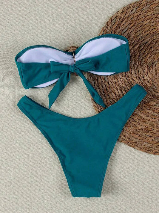 New Summer Swimwear Bikini Set Sexy Solid Strapless Bikini 2 Piece Set Women Split Swimsuit Low Waist Beach Bikini