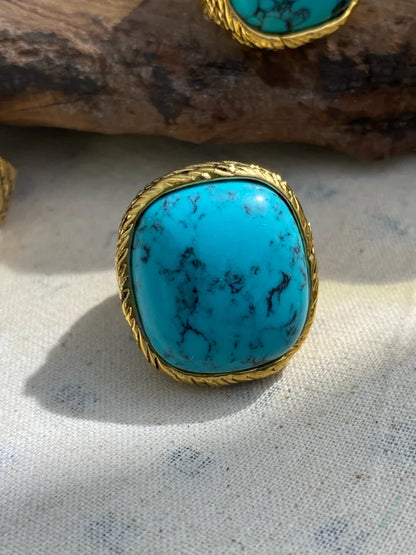Vintage Geometric Metal Square Natural Stone Ring For Women Exaggerated Trendy Finger Jewelry Party Accessories