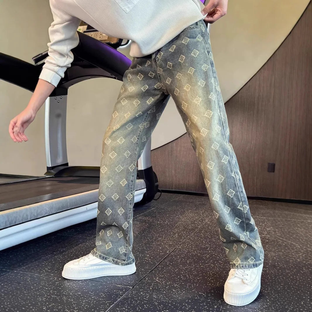 Light Blue Full Print Jacquard Jeans for Men, Niche Design, Curved Knife Pants, American High Street Vibe Straight Leg Pants