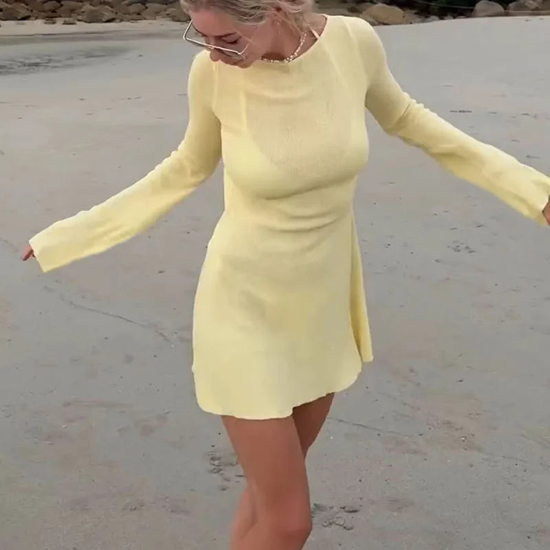 Beach Style Backless Sexy Dress Women Elegant Long Sleeve Slim Fit Short Dress Boho Holiday Summer Streetwear Y2K Outfits
