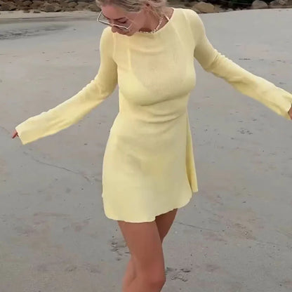 Beach Style Backless Sexy Dress Women Elegant Long Sleeve Slim Fit Short Dress Boho Holiday Summer Streetwear Y2K Outfits