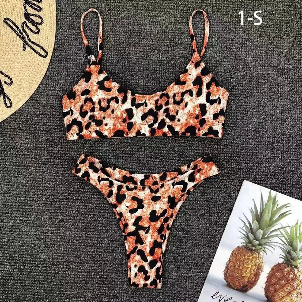 Vacation Low Waist Two Piece Sexy Bikini Set Leopard Print Swimsuit Split Swimwear