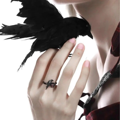 Black Raven Ring Gothic Horror Handmade Artisan Rings Promise Red Cubic Zirconia Adjustable Rings Jewelry Gift for Women Men