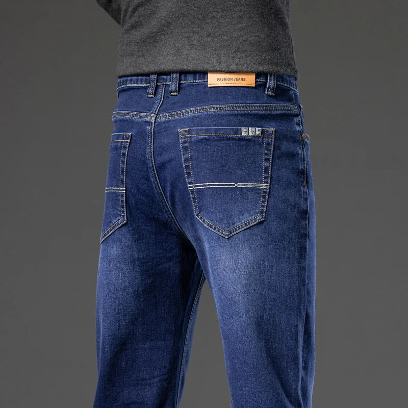 Autumn Men's Dark Blue Straight-leg Brand Jeans Classic Style Business Casual Cotton Stretch Denim Pants Male Plus Size 40 42 44