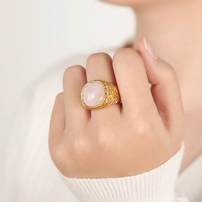 Vintage Knited Design Stainless Steel Rings For Women Pink Square Natural Stone Couple Finger Ring Waterproof Jewelry Gift