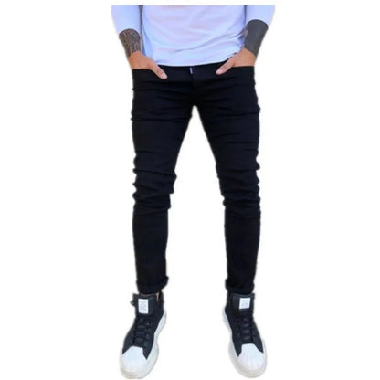 Spring Autumn New Black Stretch Men's Jeans Slim Small Feet Casual Simple Solid Color Male Skinny Denim Trousers Streetwear