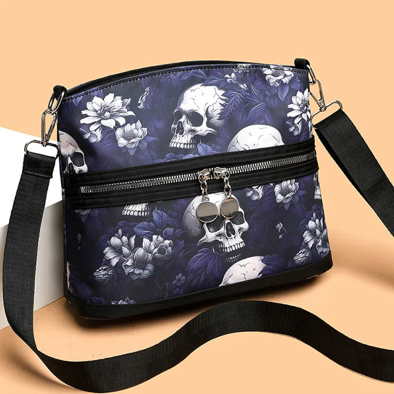 Fashion Flower Skull Pattern Crossbody Bags For Women, Large Capacity Casual Graffiti Shoulder Bag For Halloween Gift