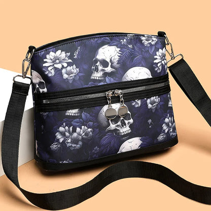 Fashion Flower Skull Pattern Crossbody Bags For Women, Large Capacity Casual Graffiti Shoulder Bag For Halloween Gift