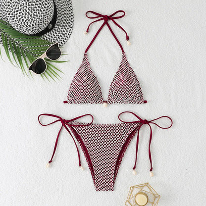 Grid Bikini Set for Women Solid Color 2 Piece Swimsuit Sexy Halter Lace-up Backless Thong Beach Vacation Swimwear 2025 New