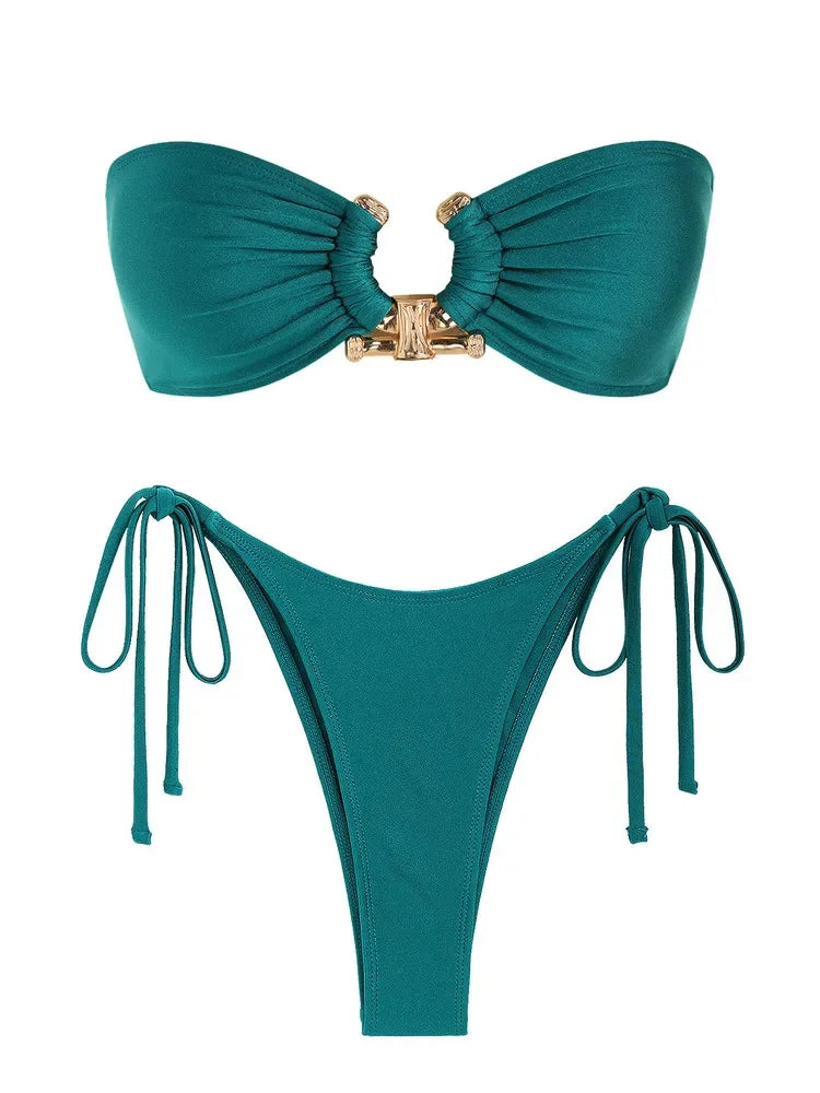 Solid O Ring  New Swimsuit For Women Tie Side Shiny Metal Hardware Ring Bandeau Bikini Swimwear Padded Bra Top Low Waisted