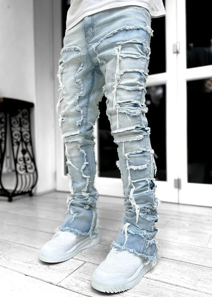 Spliced Distressed Denim Pants Men Jeans Ripped Mid Waist Pockets High Street Jean Skinny Washed Ankle Length Pencil Pants