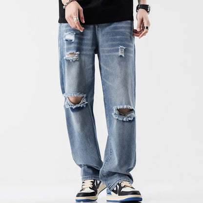 Fashion Vintage Jeans Men's Streetwear Ripped Loose Hip Hop Hole Trousers Casual Straight Male Clothes Wide Denim Pants