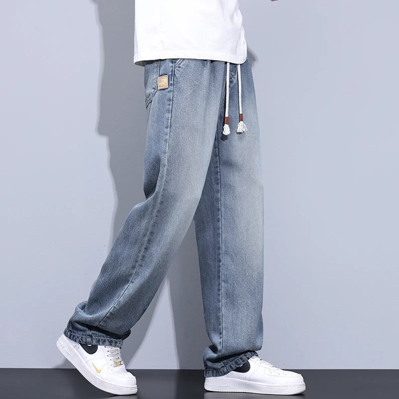 Elastic Waist Fashion Loose Jeans Men Spring Summer Thin Lyocell Classic Straight Denim Pants Casual Stretch Jogging Trousers