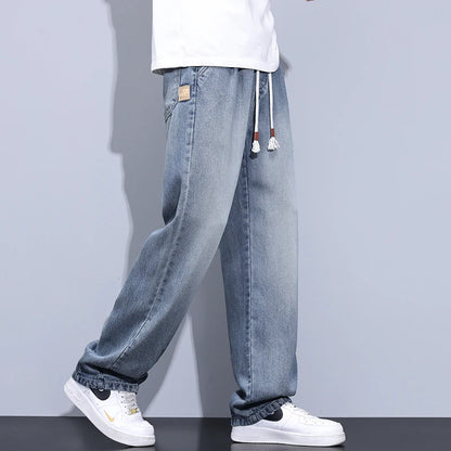 Elastic Waist Fashion Loose Jeans Men Spring Summer Thin Lyocell Classic Straight Denim Pants Casual Stretch Jogging Trousers