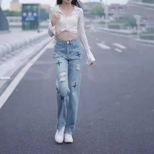 With Holes Trousers Embroidered Cowboy Pants for Woman Straight Leg High Waist Shot Women's Torn Jeans Cheap Japanese Y2k Summer