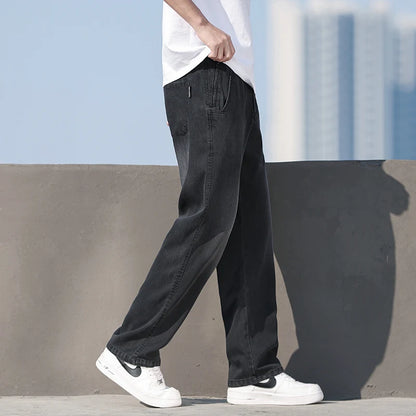 Spring & Summer Essential! Men's Tencel Jeans, Thin Ice - Silk Fabric, High - Street Loose Straight Cut, Drapey, Elastic Waist w