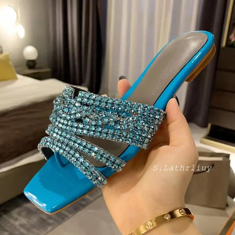Summer Shiny Rhinestone Decor Flat Slippers Women's Square Toe Hallow Outs Casual Sandals Outdoor Vacation Beach Shoes 2025
