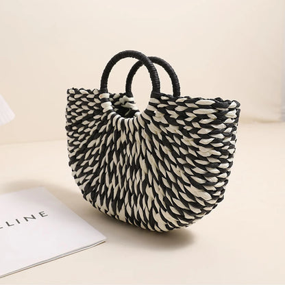 Women Straw Tote Handbag Large Capacity Half-Round Handbag Color Clash Semicircle Weaving Bag Summer Beach Handbag