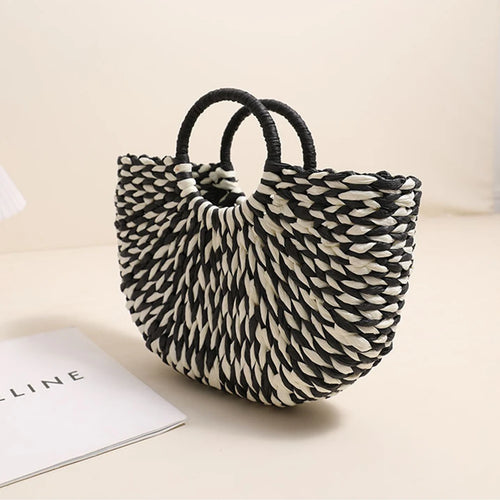 Women Straw Tote Handbag Large Capacity Half-Round Handbag Color Clash Semicircle Weaving Bag Summer Beach Handbag