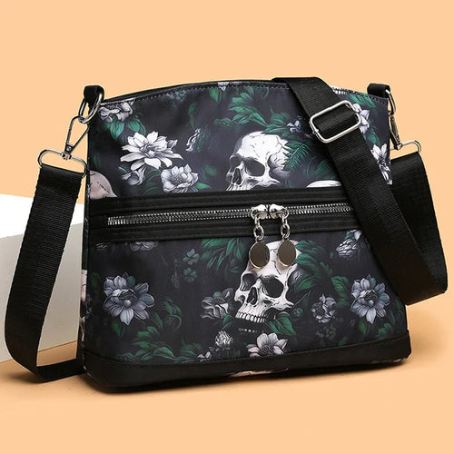 Fashion Flower Skull Pattern Crossbody Bags For Women, Large Capacity Casual Graffiti Shoulder Bag For Halloween Gift