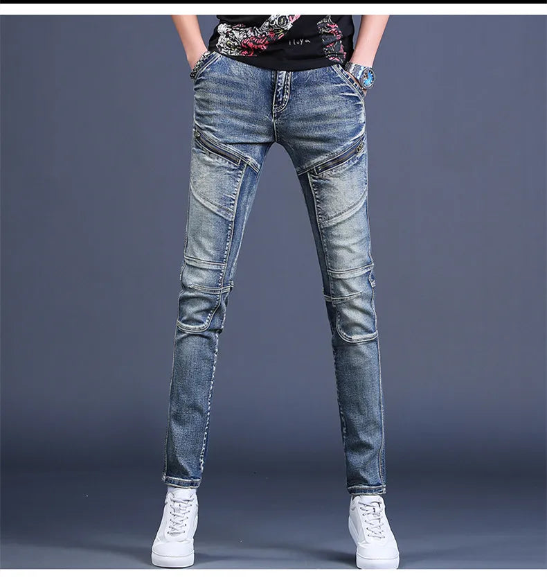 2025 Fashion Jeans men's Personality Multi-Pocket Trend Slim Fit Pants Elastic Streetwear Boyfriend Biker Man Straight Trousers