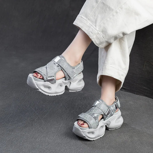 GKTINOO Microfiber Leather Summer Bling Mixed Color Fsahion Peep Toe Hollow Platform Wedges Chunky Sneakers Women Comfy Shoes