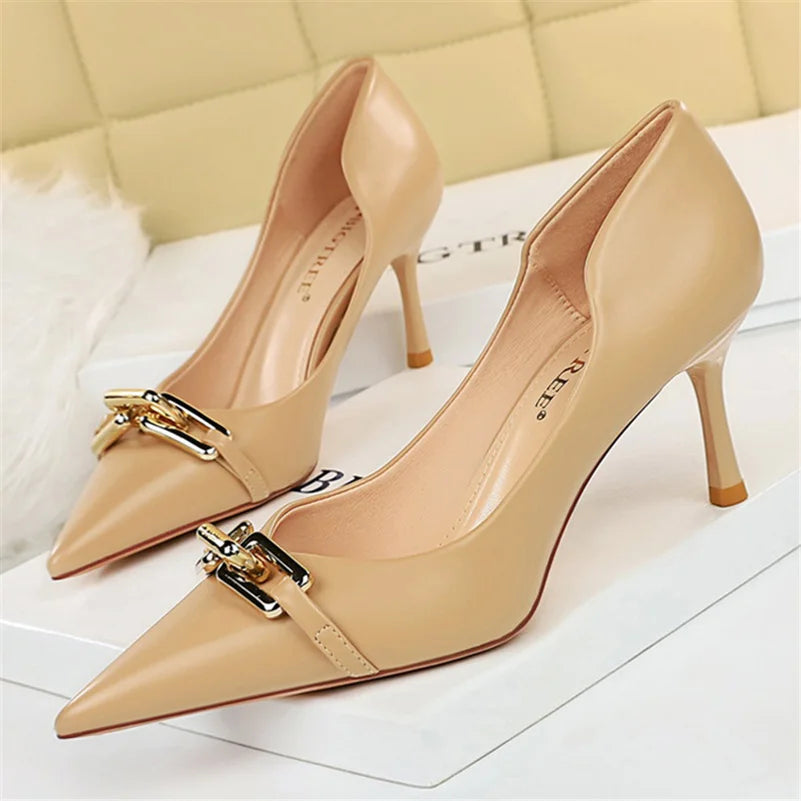 Women 7cm High Heels Pumps Lady Scarpins Fetish Nightclub Blue Nude Low Heels Wedding Party Metal Chain Buckle Fetish Prom Shoes