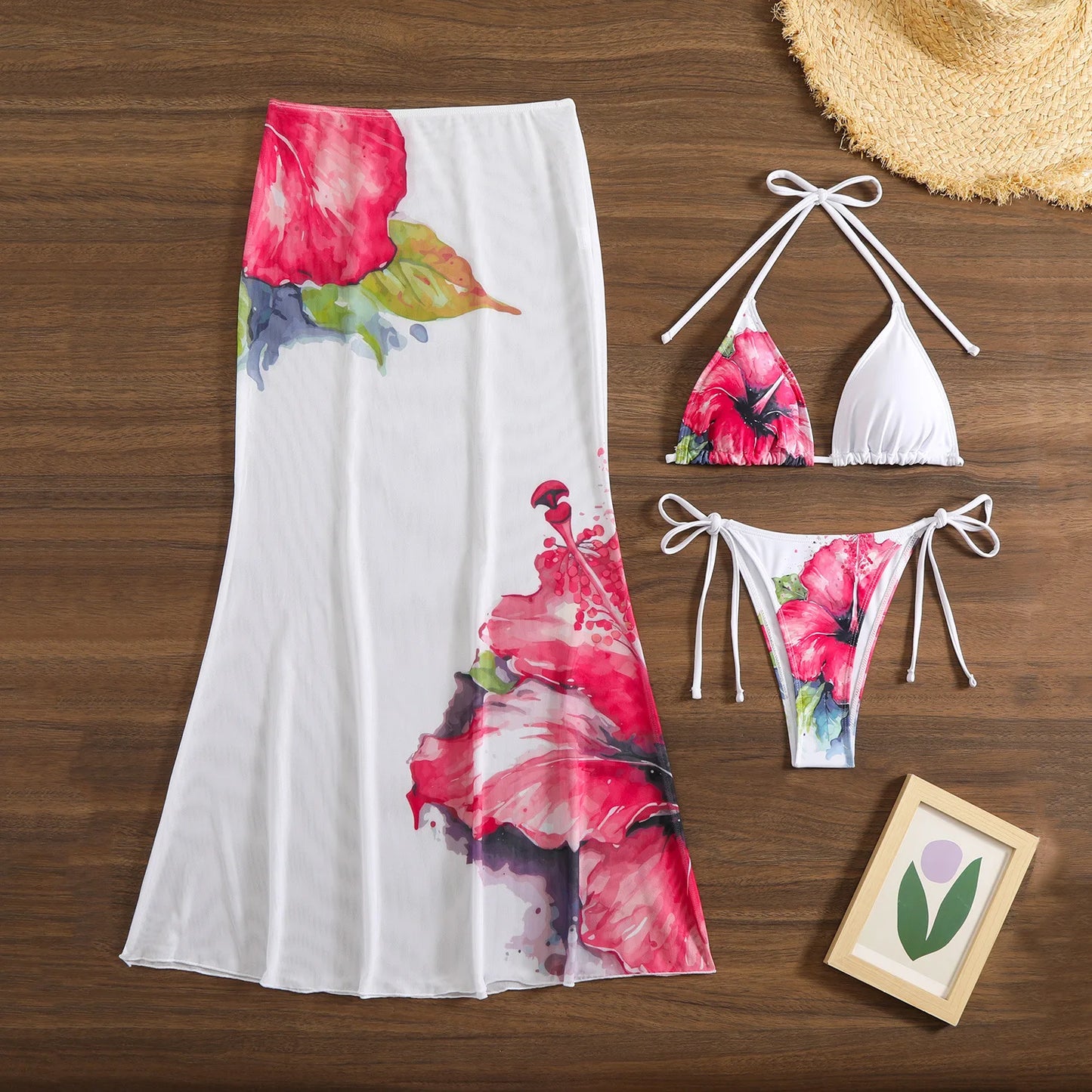 New Flower Print Bikini Set Women's High Waist Long Skirt 3 Piece Swimsuit Sexy Mini Triangle Backless Thong Bathing Suit