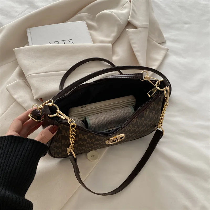 Vintage Style Handbag Crossbody Bag, Gold Letter 'M' Design Pu Leather Shoulder Messenger Bag, Synthetic Leather Tote Bag, Purse