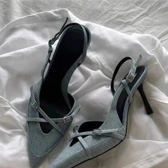 2025 New Women's Jeans Heeled Sandals Pointed High Heel Office Lady Shoes Beautiful Women high heels  Shoes  sandalias mujer