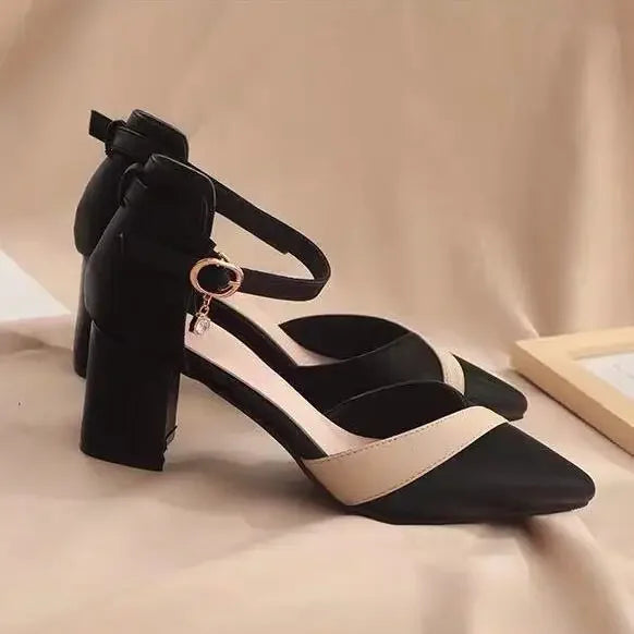 Elegant Fairy Style Chunky Heel Sandals For Women Pointed Toe Two-Tone Summer Casual Dress Shoes