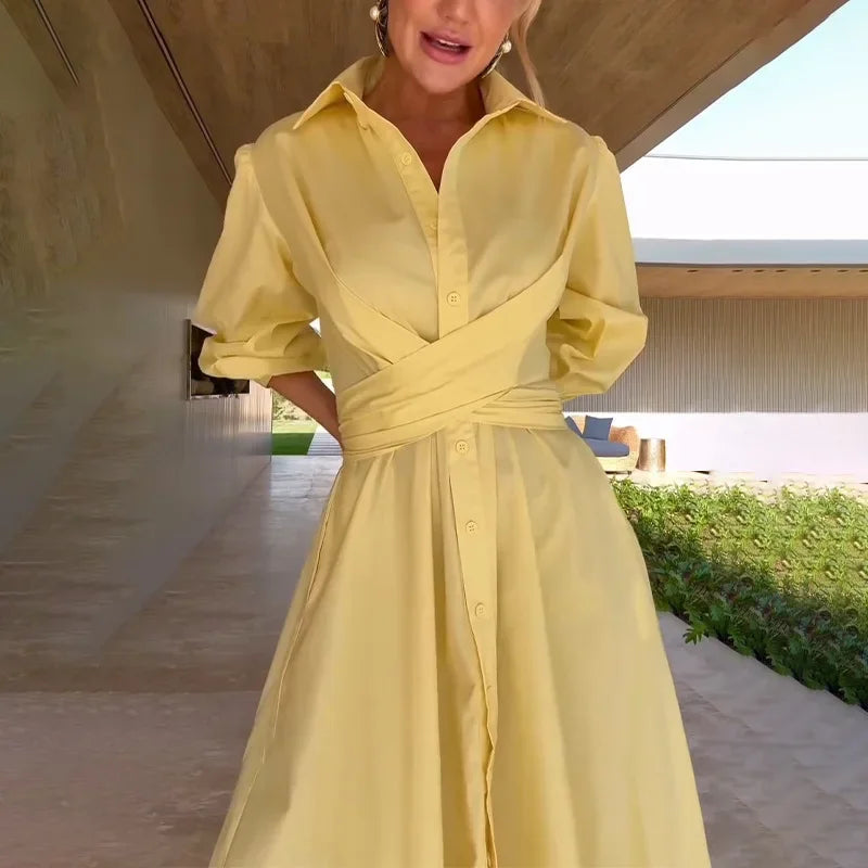 Summer New Women's Casual Long Sleeve Pure Color Slimming Dress Shirt Empire Waist Ankle Length Polo Collar Cross-Border Fashion