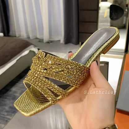 Summer Shiny Rhinestone Decor Flat Slippers Women's Square Toe Hallow Outs Casual Sandals Outdoor Vacation Beach Shoes 2025