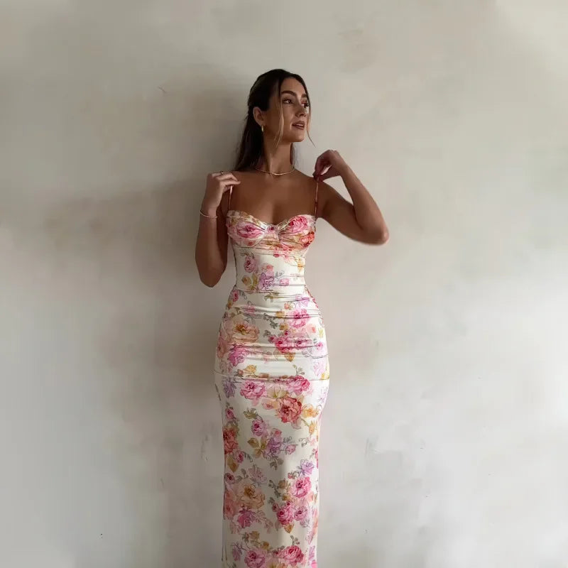Summer 2025 Women's Floral Print Maxi Dress Sleeveless Beach Style Spaghetti Strap Slim Fit Long Dress for Birthday Party