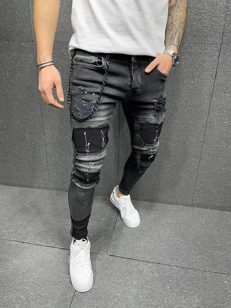 Black 90% Cotton Men Retro Wash Distressed Stretch Ripped Jeans Tight Hole PATCH Denim Pantalones Printing Zipper Joggers