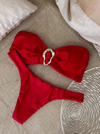 New Summer Swimwear Bikini Set Sexy Solid Strapless Bikini 2 Piece Set Women Split Swimsuit Low Waist Beach Bikini